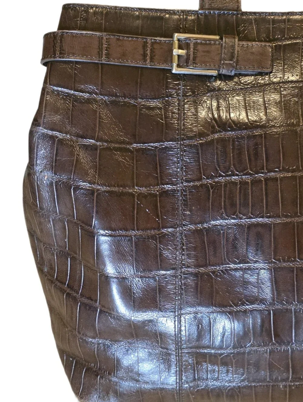 Vintage Kenneth Cole New York Espresso Croc Embossed Leather Tote Belted Buckle
